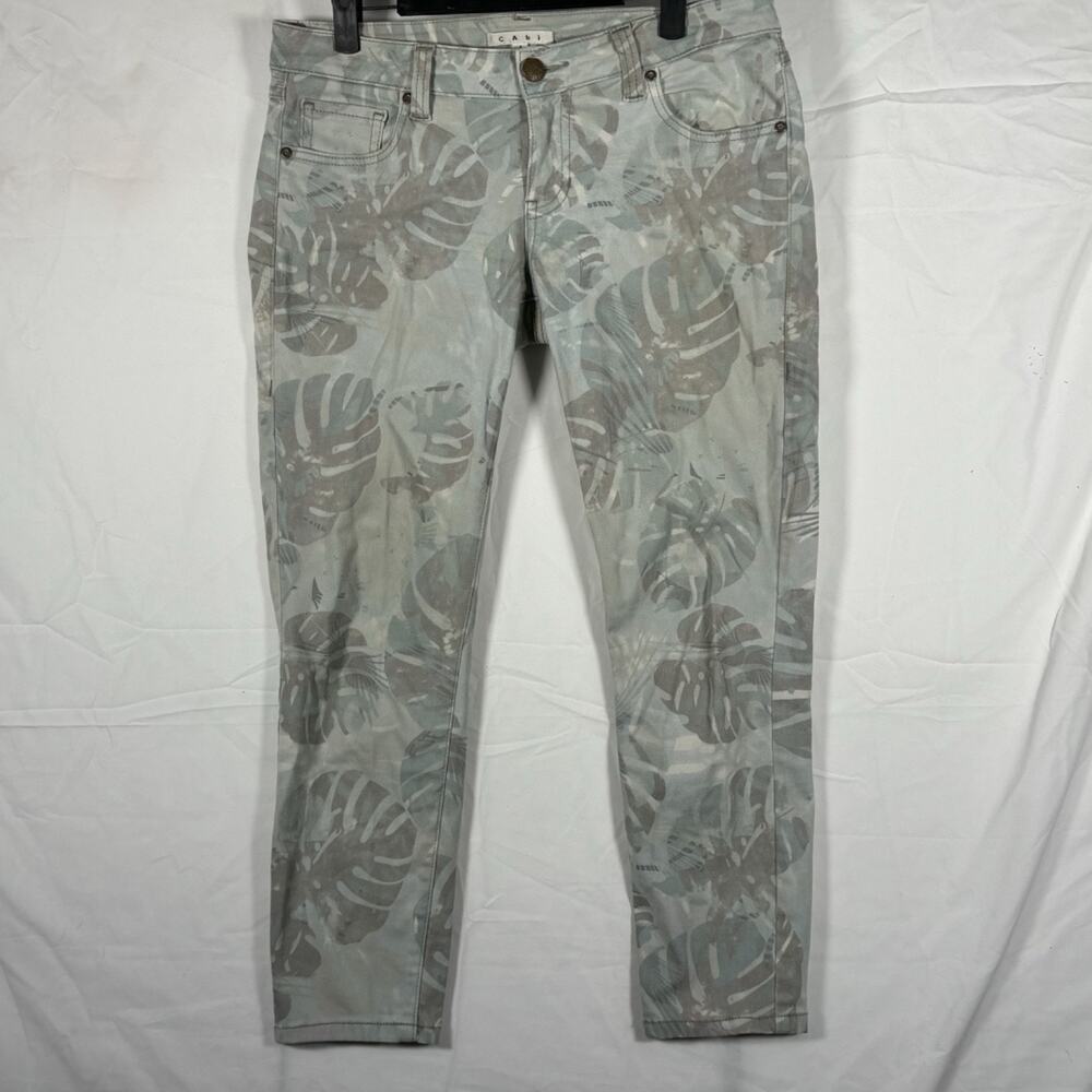 Cabi‎ Womens Size 4 Tropical Monstera Leaf Print Skinny Jeans Sage Green Grey